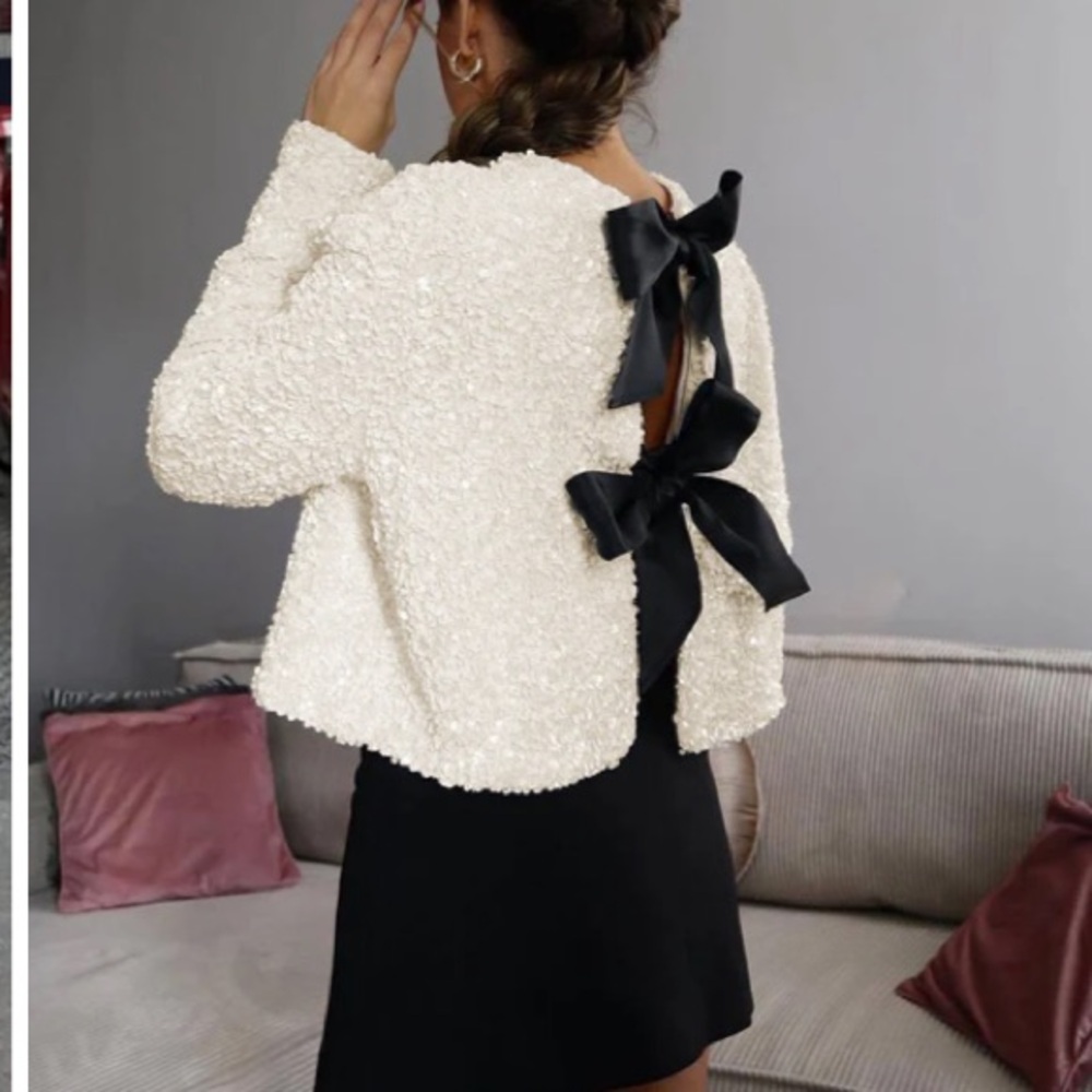 COMMENSE Cream Sequin Black Ribbon Bow Cardigan Jacket NWT - Picture 13 of 16